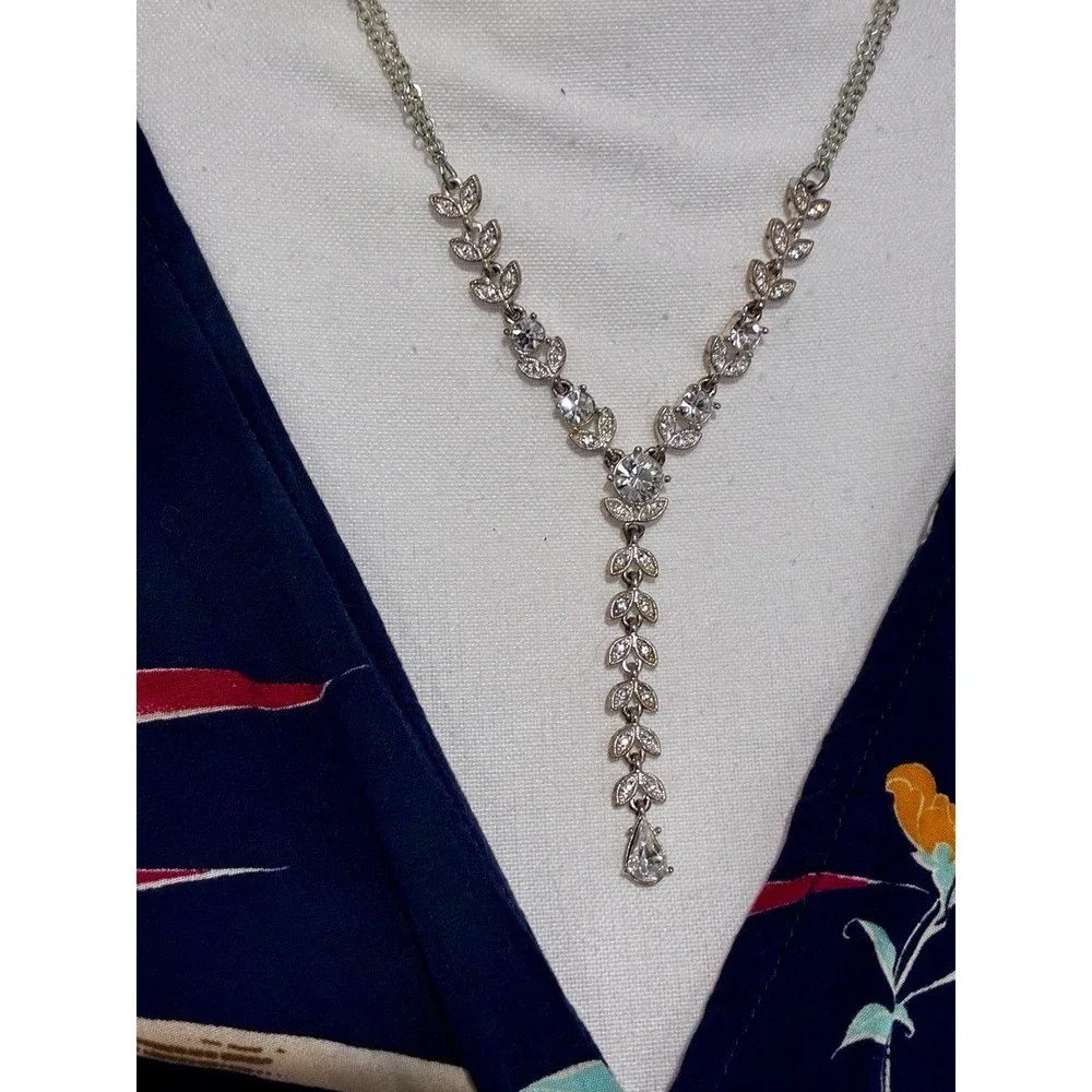 Napier Necklace Crystal  Teardrop Round Rhinestone Victorian Silver Tone